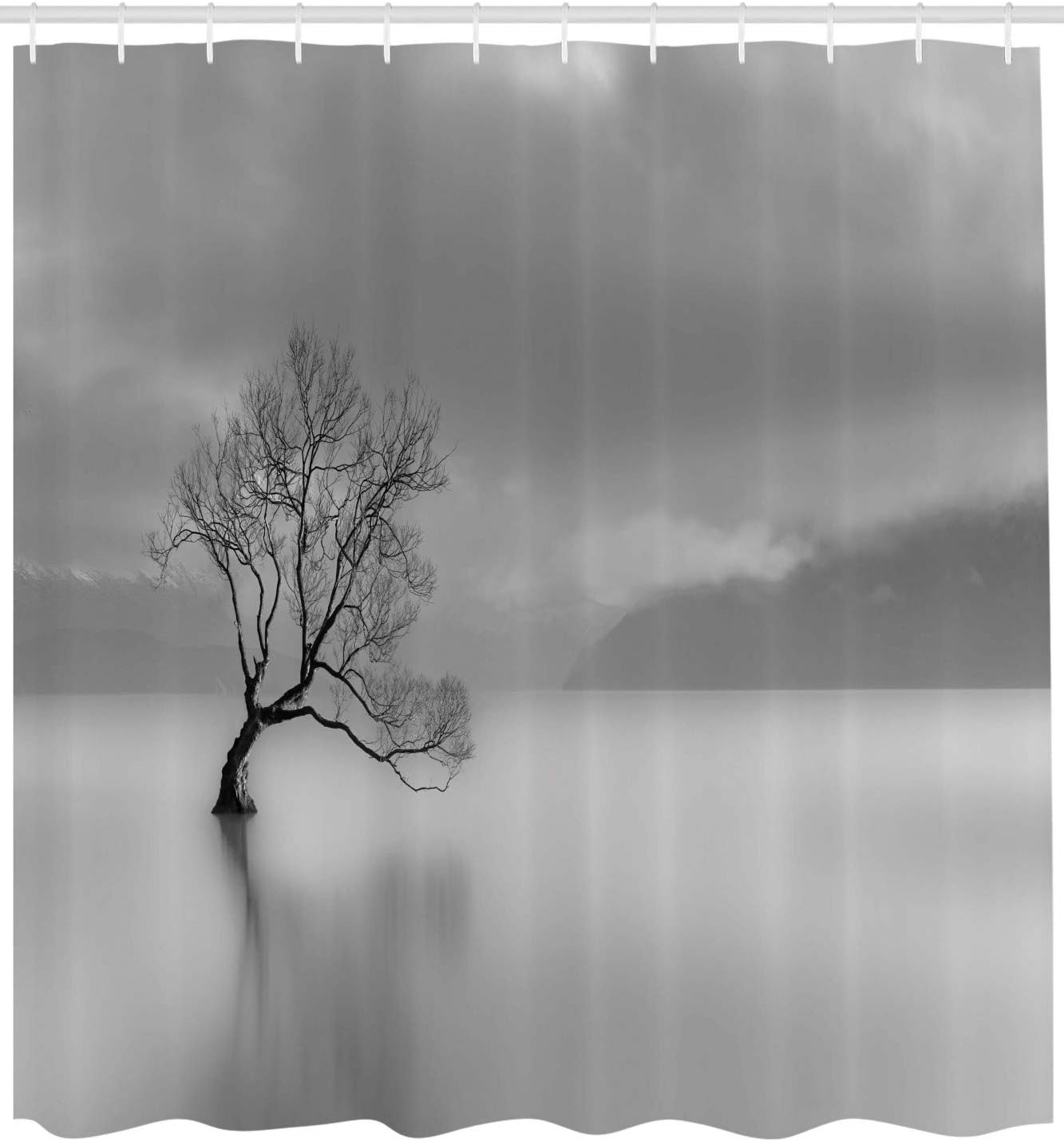 Ambesonne Tree Shower Curtain, Leafless Tree Alone in The Steamy Lake Idyllic Spot Purity and Grace Concept, Cloth Fabric Bathroom Decor Set with Hooks, 69" W x 70" L, Black and White