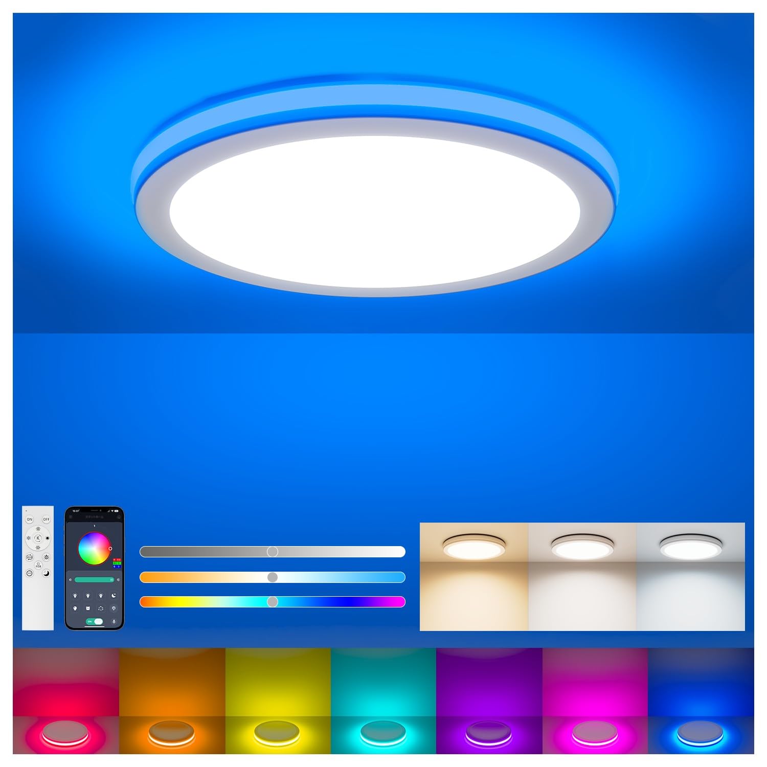 Aphyni LED Deckenleuchte Dimmbar mit Fernbedienung,24W RGB Farbwechsel Deckenlampe Rund Flach Deckenbeleuchtung,3000K-6500K,App Intelligente Steuerung,für Schlafzimmer Küche Wohnzimmer[EnergieklasseD]