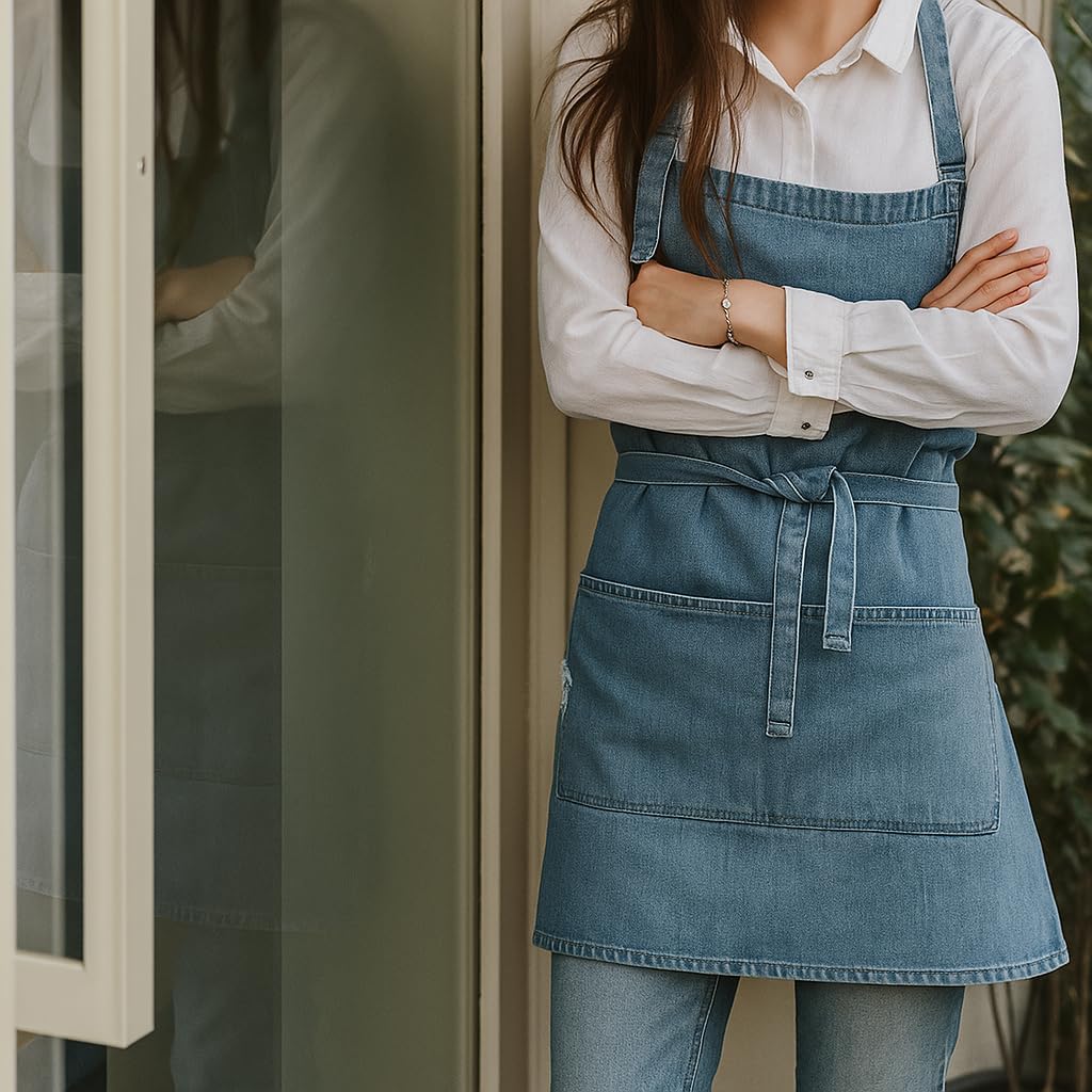 Denim Apron With 5 Pockets for Kitchens,Hairstylist Aprons for Women Men,Adjustable Bib Jean Apron for Arts Cafe Work - Image 5
