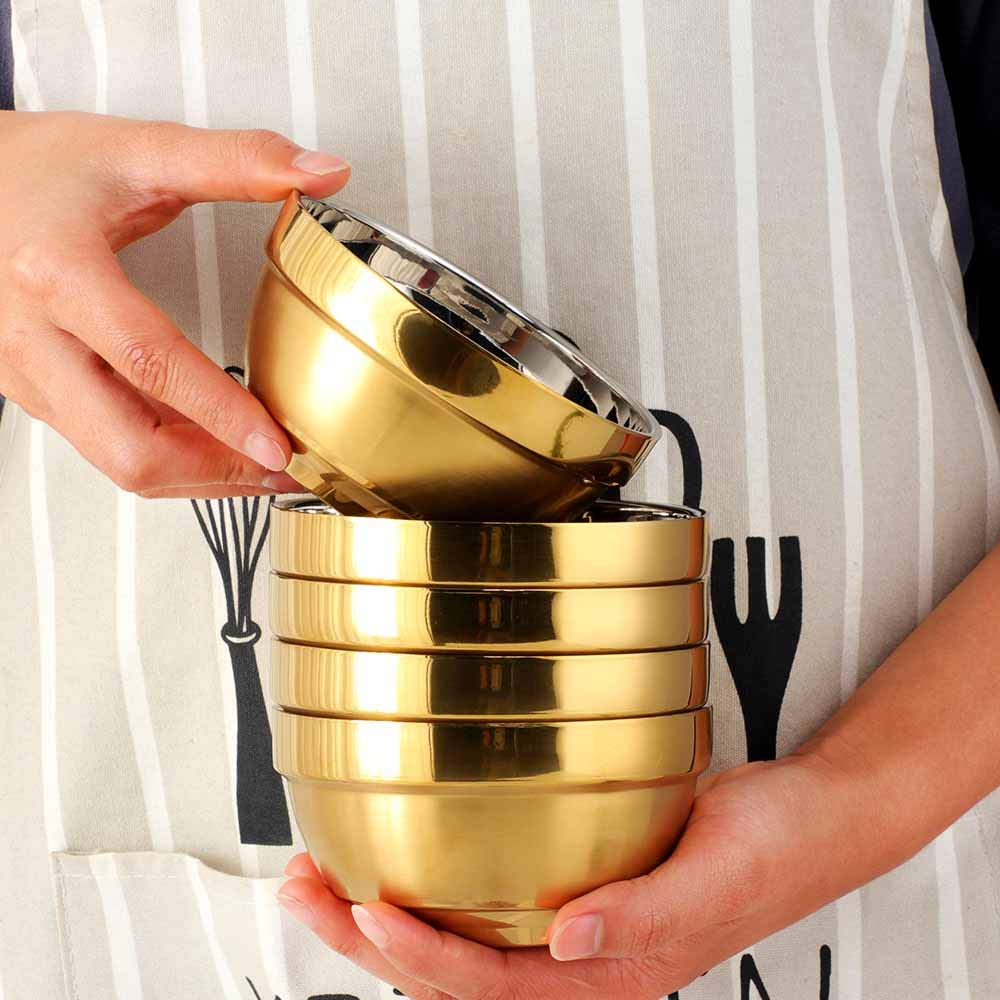 Liangs 18/10 ciotole per cereali in acciaio inox, set di 4, isolamento termico a doppia parete anti-scottatura ciotole per zuppe da cucina, resistenza alle cadute per bambini (oro)