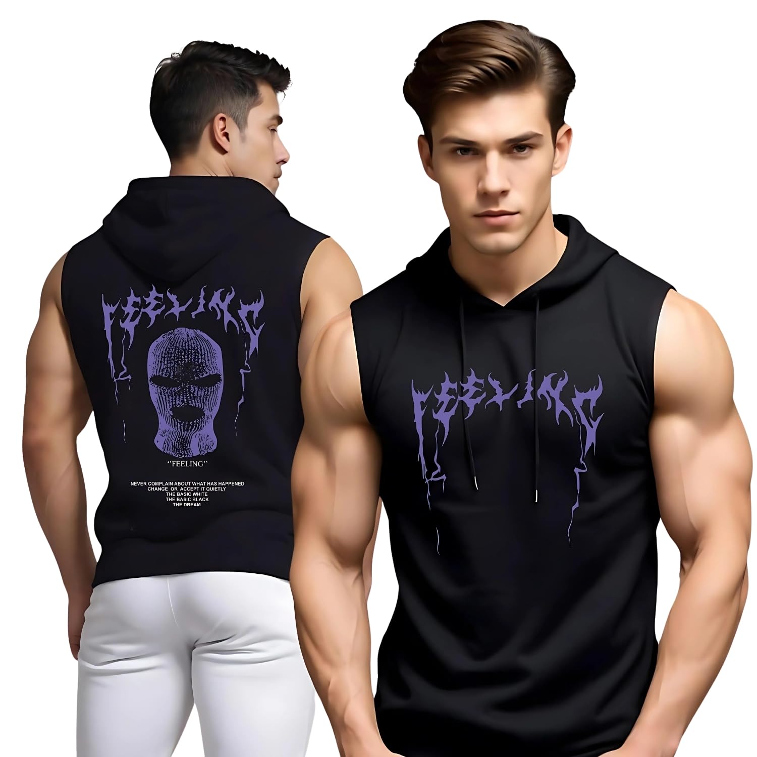looks united Mens Printed Hooded Neck Sleeveless Black Polyester Gym Fit Vest | Workout Hoodie-picture-46