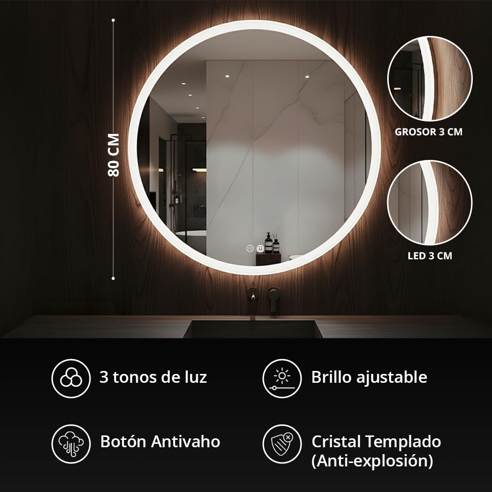Marcanti Espejo Baño con Luz LED Regulable 80 cm Antivaho Interruptor Táctil Brillo Ajustable Memoria
