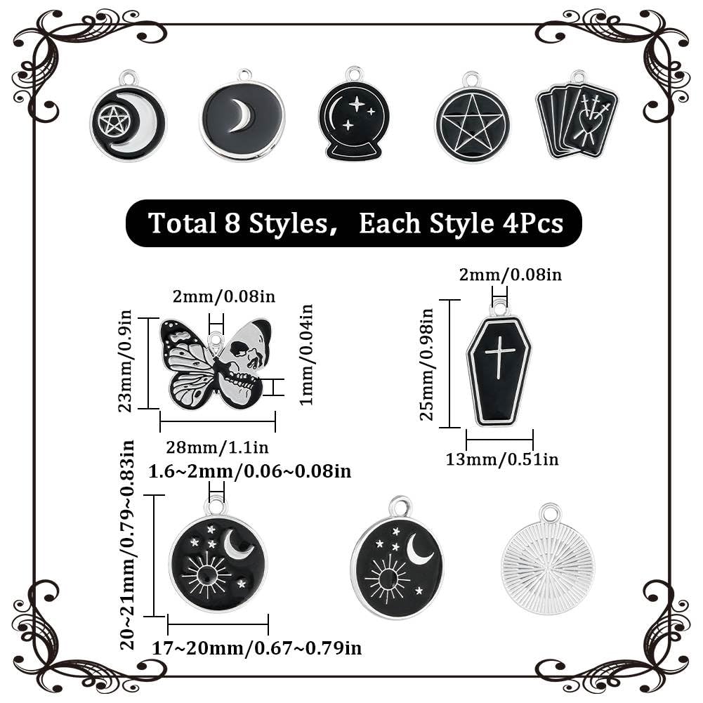 SUNNYCLUE 1 Box 32Pcs 8 Styles Black Halloween Charms Magic Charms Bulk Butterfly Coffin Alloy Holiday Moth Cross for jewellery Making Findings Necklace Earring Women Adults Craft - Image 2