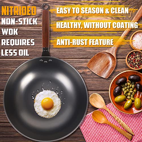 Clatine Wok Pan With Lid, 13 Inch Wok & Stir-Fry Pan With Wooden Spatula, No Chemical Coated Carbon Steel Wok, Nitrided Non-Stick Chinese Wok With Flat Bottom For Induction, Electric, Gas Stove #TOP2