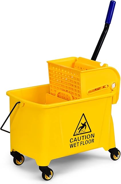 TANGZON Mop Bucket and Wringer, Wheeled Cleaning Trolley with Metal Handle & Mop Holder, Plastic Body Floor Cleaning Cart for Household and Commercial Use (20L)