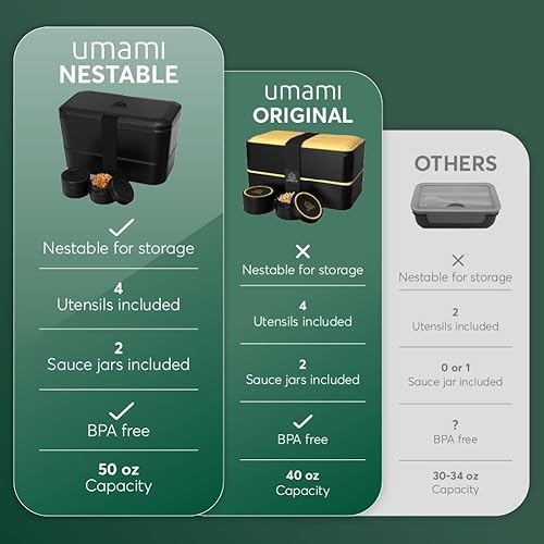 Miniatura 2 de Umami Caja Bento para adultos con 4 utensilios, 2 divisores y 2 tarros de salsa, fácil de limpiar y 100% a prueba de fugas, apta para microondas y