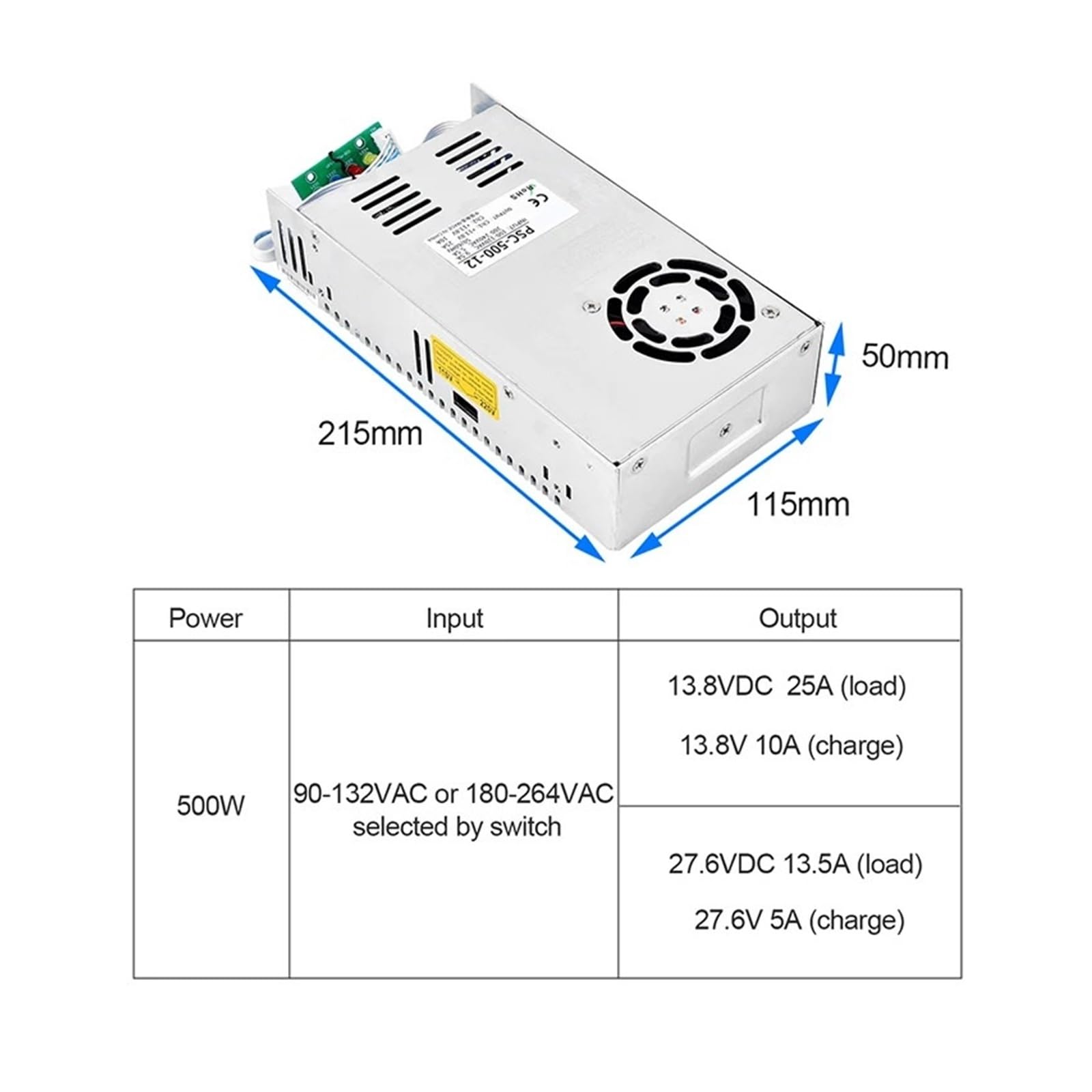 Kompaktowy Zasilacz UPS DC O Mocy 500 W PSC-500 Wysoka stabilność | Do akumulatorów kwasowo-ołowiowych 13,8 V/27,6 V Prąd ładowania 10 A/5 A(12V)