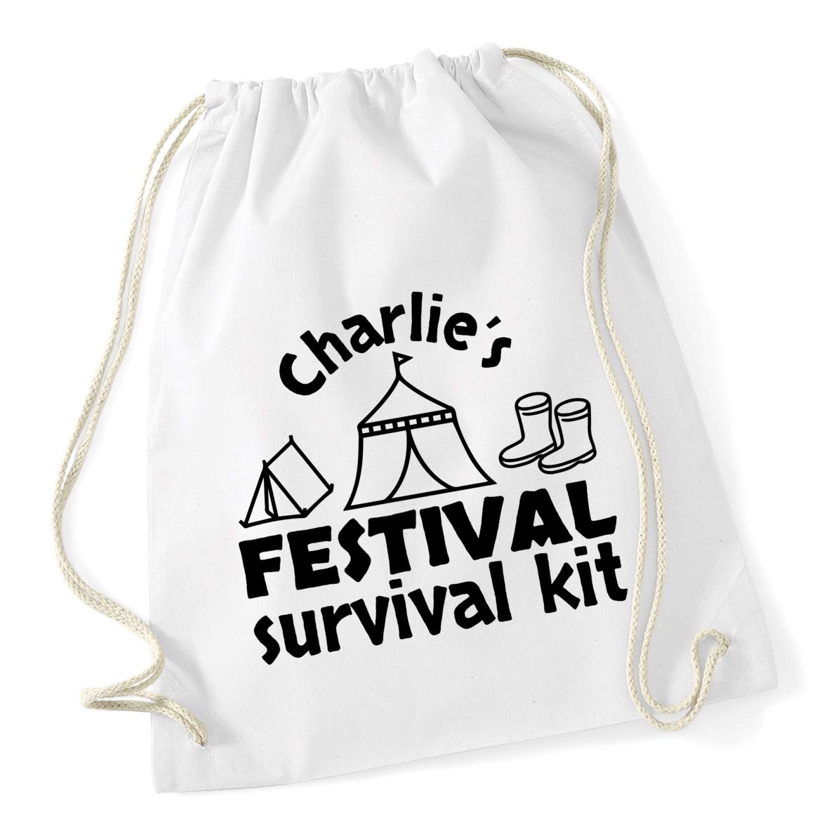 Hippowarehouse PERSONALISED Festival Survival Kit Drawstring Cotton School Gym Bag 37cm x 46cm, 12 litres