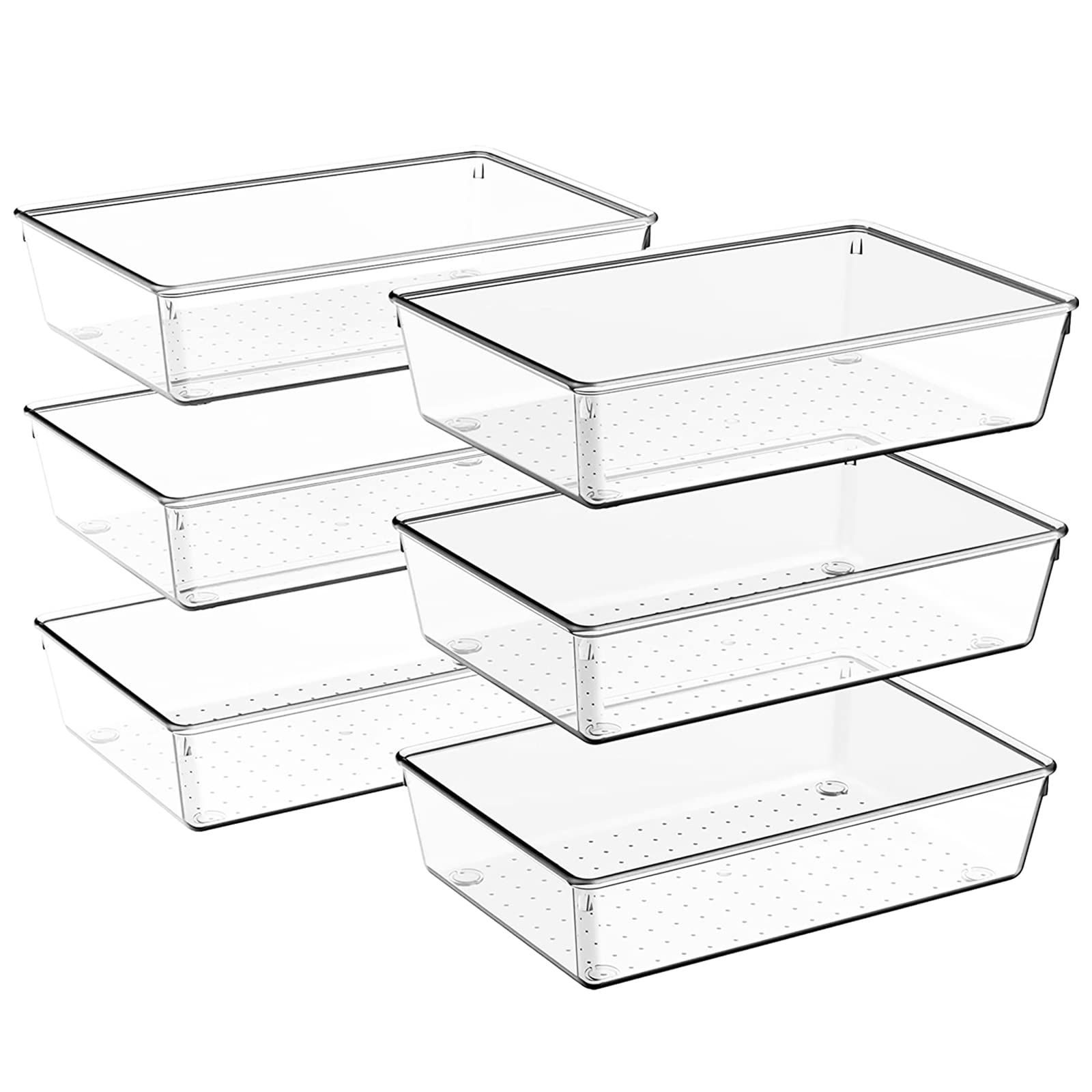 Kriovoa Desk Drawer Organiser, 6 Pack Large Kitchen Acrylic Drawer Organiser Set, Fridge Organiser Clear Plastic Storage Boxes Divider For Utensils, Makeup, Bedroom, Office.