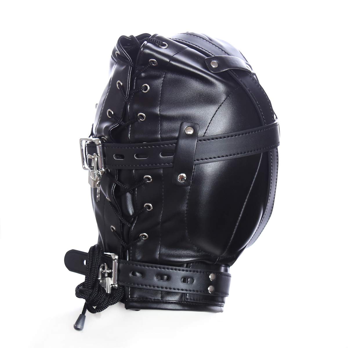 Noir Masque de tête unisexe Bondage Fétiche SM Cuir avec ouverture de bouche Cuir Tous les masques inclus Jouets sexuels Bandeau pour les yeux avec serrure pour les couples Cosplay Réglable Fétiche