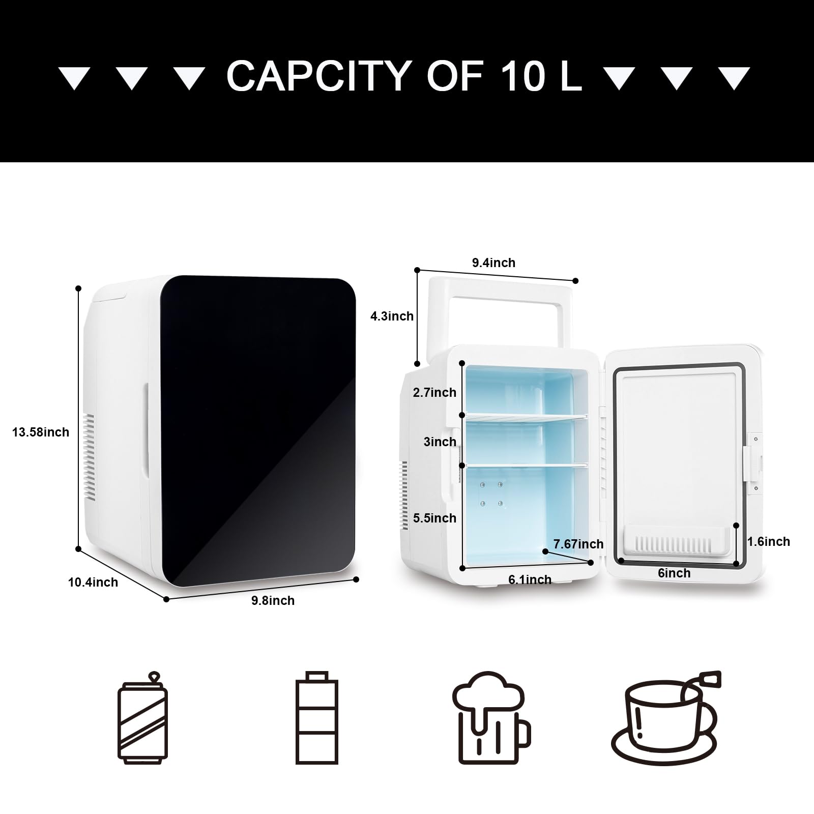 ARTETHYS Mini Fridge for Bedrooms 10L Compact Car Fridge Mini Refrigerator with System Cooler and Warmer for Home Office, 220V AC/12V DC, Black — view 4