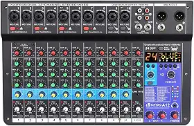 ANVAR Mixer de 12 canais, mixer analógico combinado com placa de som digital Alimentação fantasma de 48 V USB2.0, interface de PC 24 tipos de efeitos DSP produção musical doméstica transmissão em rede