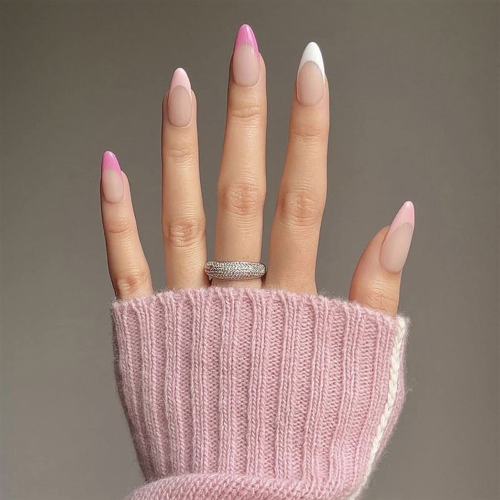 HBSTUDIO Almond Press on Nails Long Fake Nails with Glue Glossy French Tip False Nails with Pink&White Designs Full Cover Stiletto Acrylic Nails (2Pack,48pcs)