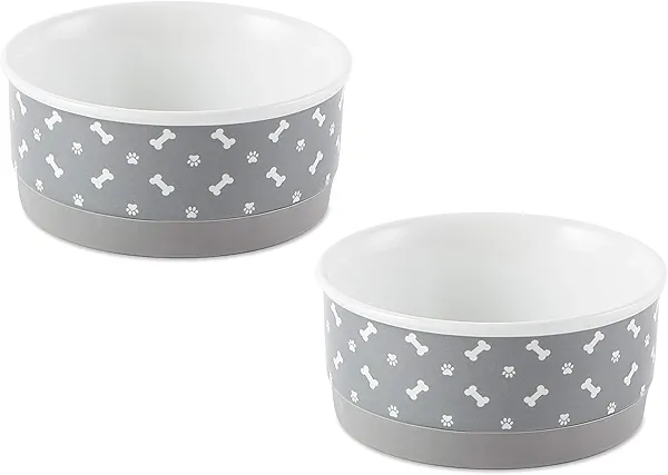 Bone Dry Ceramic Bone & Paw Pet Bowls, Dishwasher Safe, Small Set, 4.25x2, Gray, 2 Count