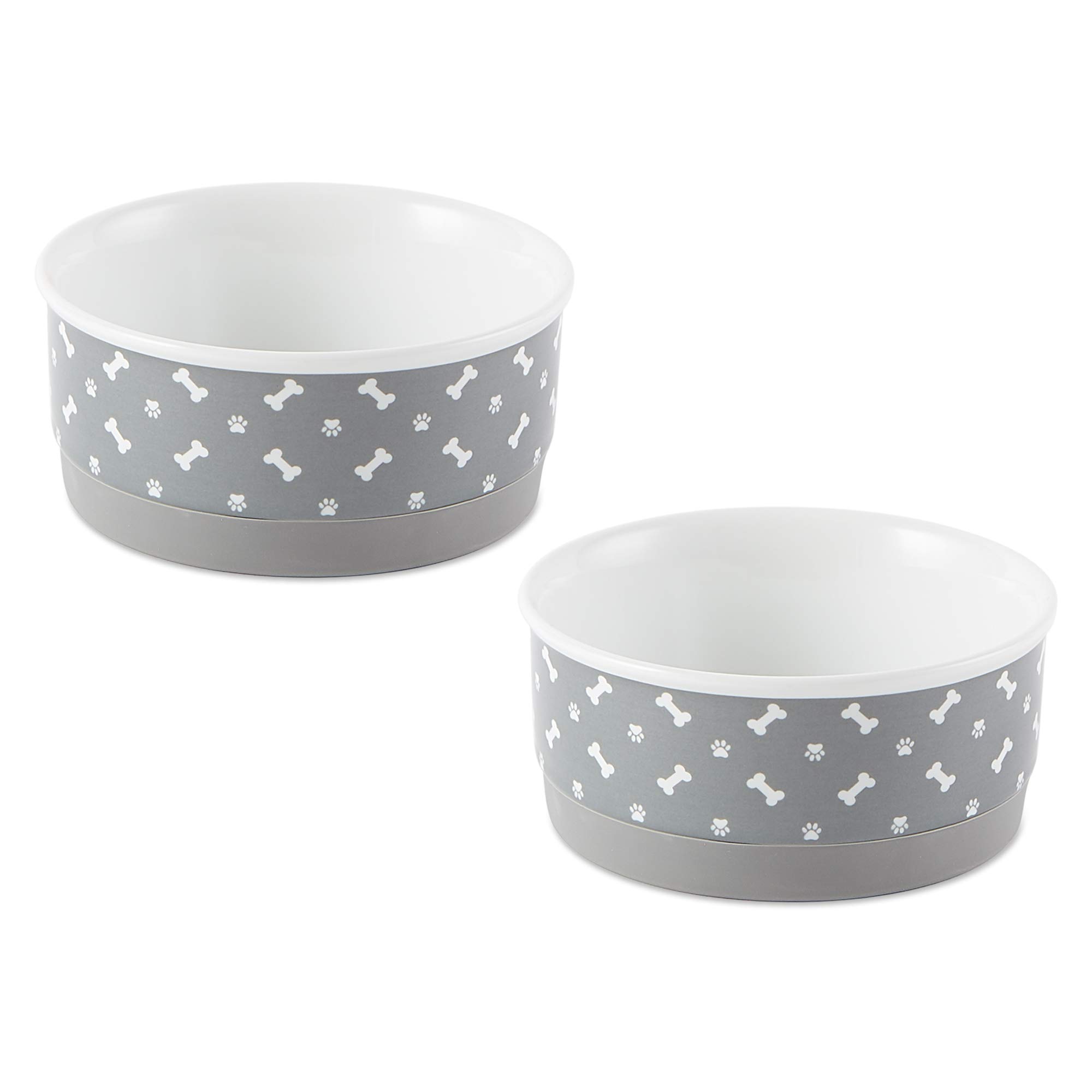 Bone Dry Ceramic Bone & Paw Pet Bowls, Dishwasher Safe, Small Set, 4.25x2, Gray, 2 Count