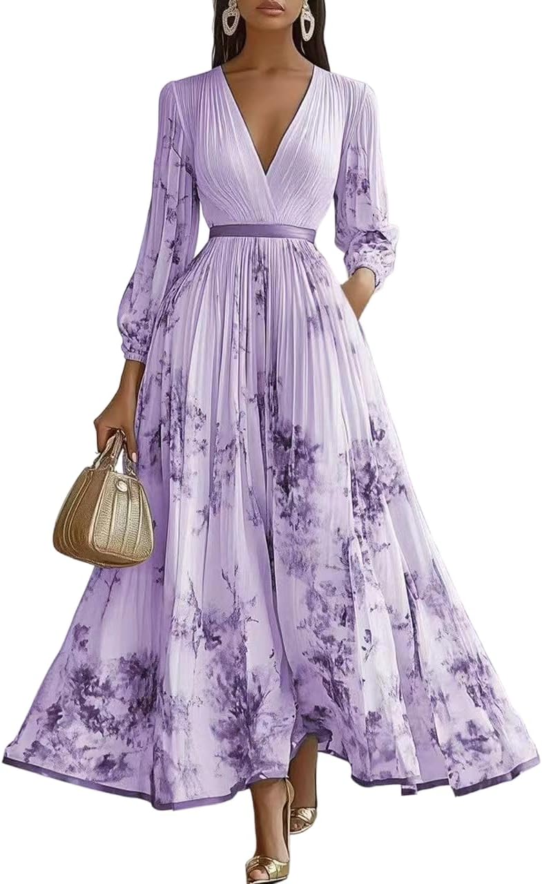 Women's Elegant Floral Print Pleated Maxi Dress Deep V Neck Long Sleeve for Wedding Guest Cocktail Party