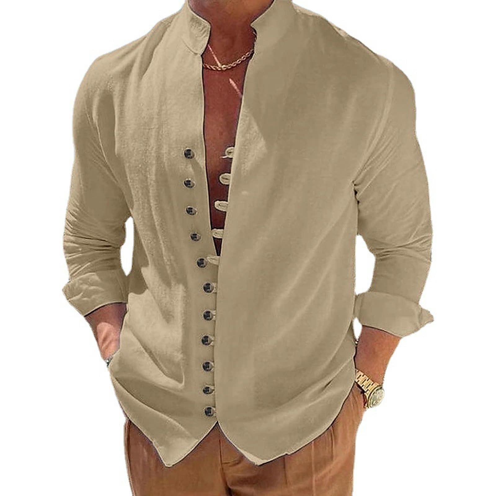 Camicie da Uomo Camicia A Colori Solidi in Cotone retrò E Maniche Lunghe Lino Casual Sciolta-Bianco-s