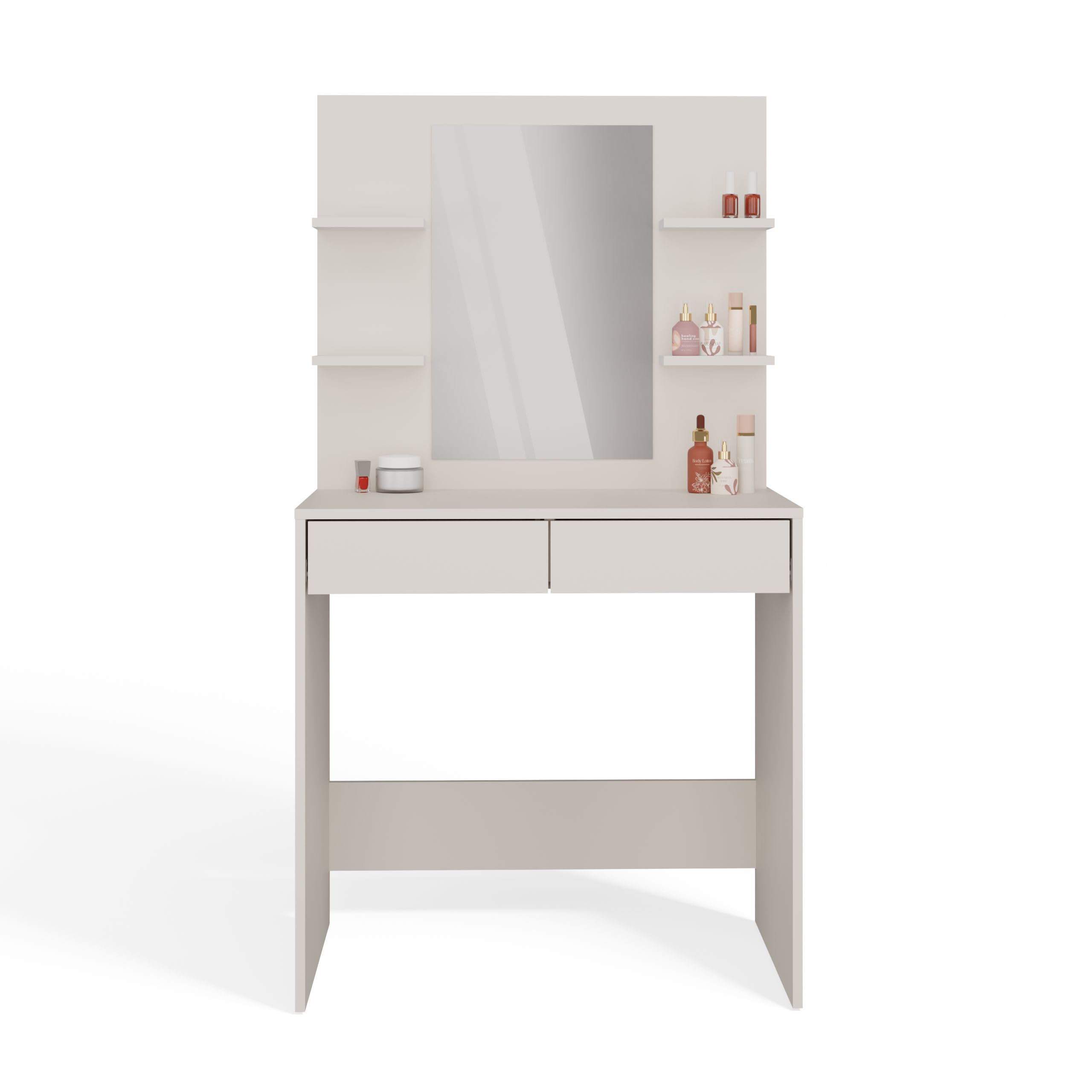 Toeletta da Trucco Moderna con Specchio e 4 Ripiani, Mobile Toeletta Trucco con 2 Cassetti, Scrivania da Trucco Salvaspazio per Camera da Letto, Consolle Make-up Design Curato, Colore Cashmere TOT5