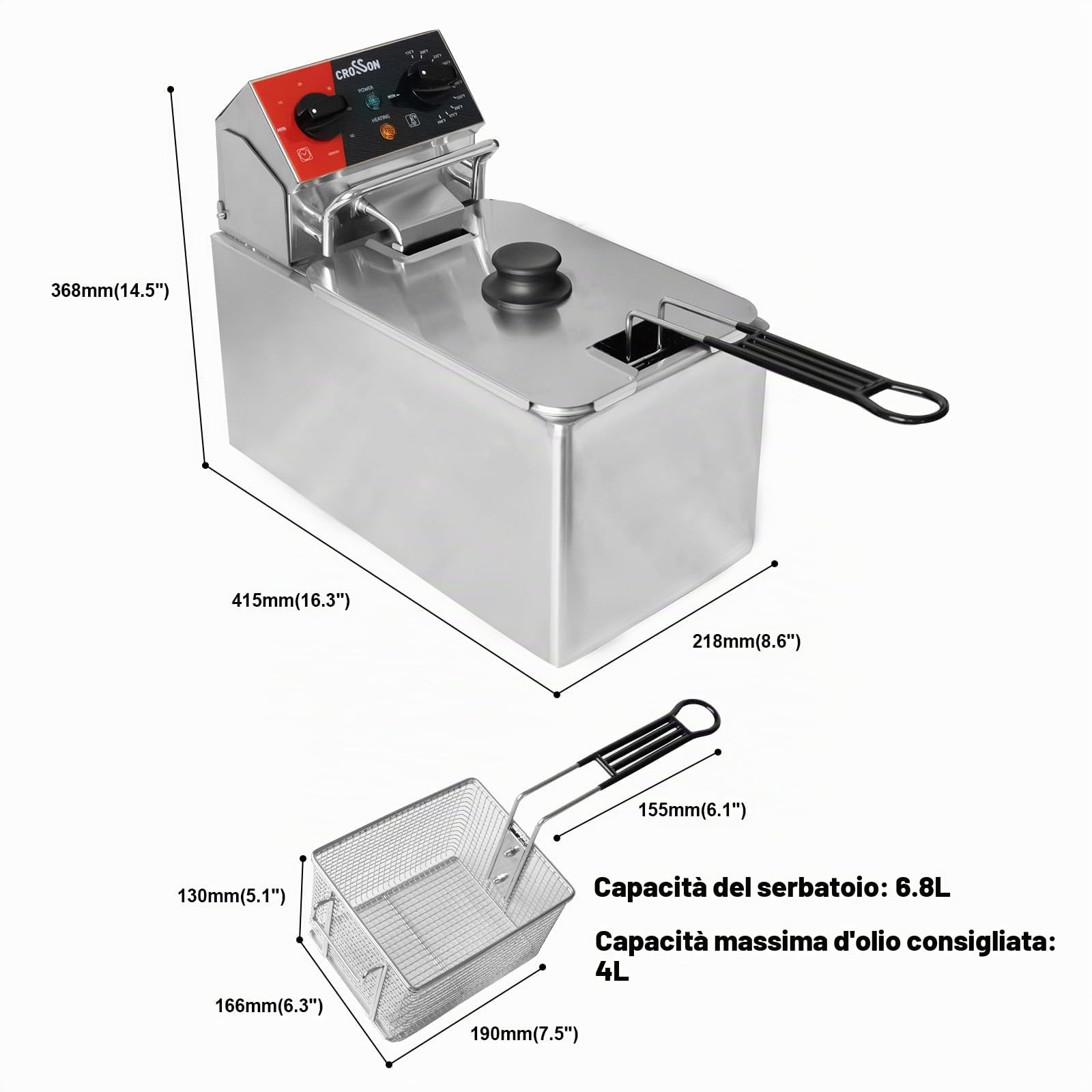 CROSSON Friggitrice Elettrica Professionale 4L 2000W Friggitrice a Olio Elettrica con Cestello e Coperchio,Riscaldamento Rapido,per Cucina Hotel Ristorante，serbatoio singolo da 4L