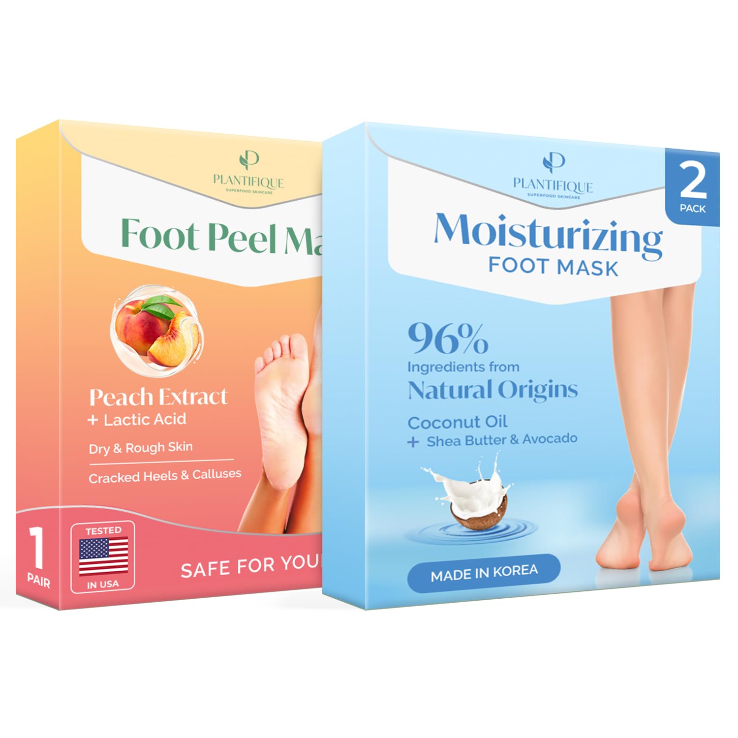 PLANTIFIQUE Maschera Piedi Esfoliante - Trattamento Calli e Duroni, Peeling Piedi Forte - Pesca 1 Paia & Maschera Piedi Idratante - Calzini per Piedi Secchi - 2 Paia