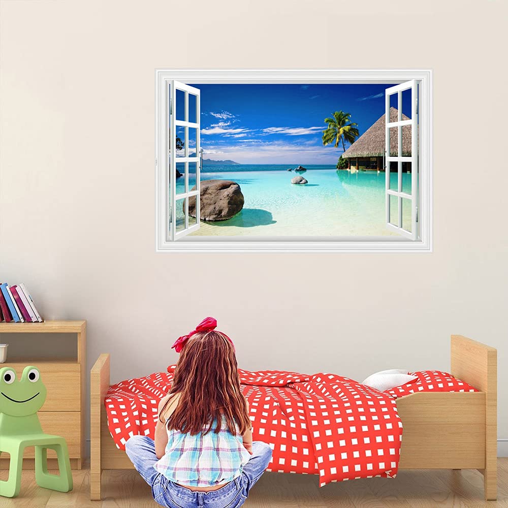 Autocollant Trompe L'oeil Fenêtre Bateau Sur Plage