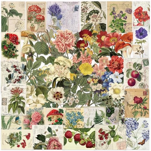 50Pcs Vintage Plant Stickers Pack Waterproof PET Aesthetic Flowers & Nature Stickers for Scrapbook Journaling Kindle Case Laptop Water Bottle Skateboard