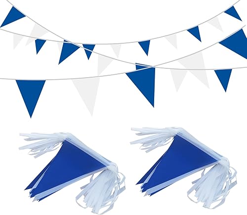 Miniatura 1 de Banderines azules y blancos de 100 pies, banderines de tela triangular, decoraciones de fiesta para bodas, cumpleaños de niños, decoración de
