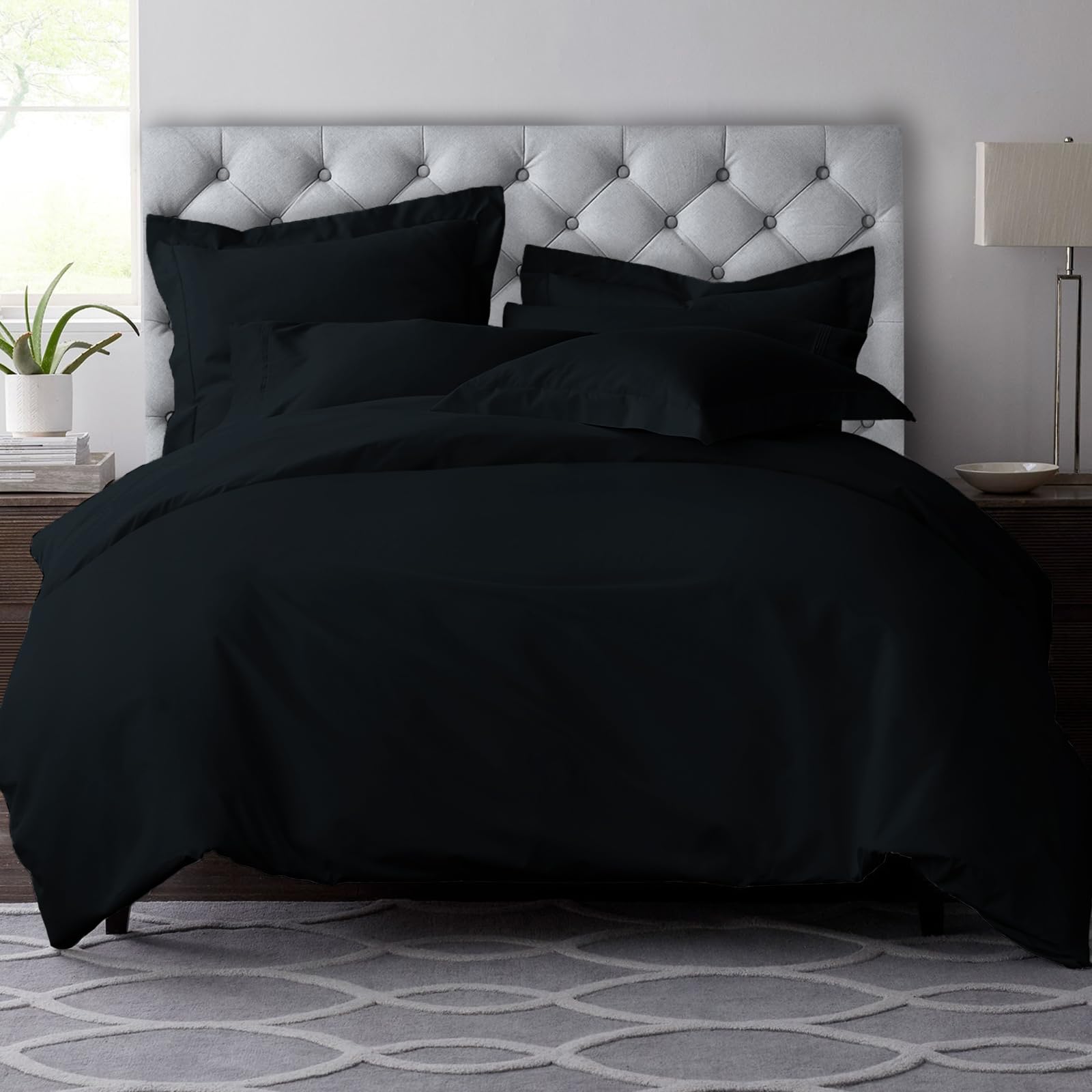 Pizuna Black Pure Combed Cotton Emperor Duvet Cover Sets 600 Thread Count 100% Long Staple Cotton Sateen Weave Duvet Cover 285 X 240 Cm With Button Closure (Emperor Bedding Set)