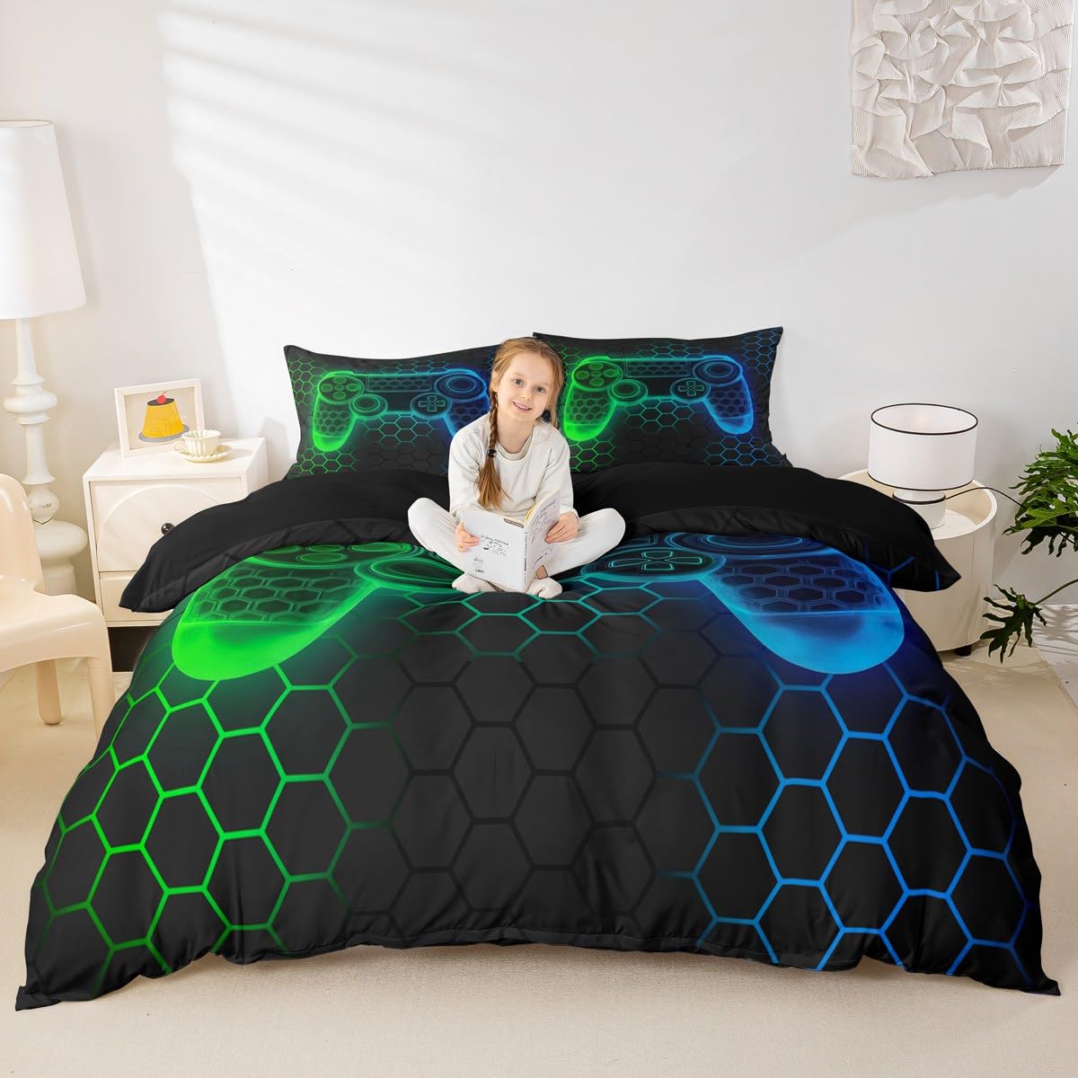 Loussiesd Kids Gamer Honeycomb Duvet Cover Set Single Size For Boys Girls Teens Gaming Geometric Bedding Set Blue Green Neon Gamepad Comforter Cover with 1 Pillowcase Game Room Decor Beds Set - Image 3