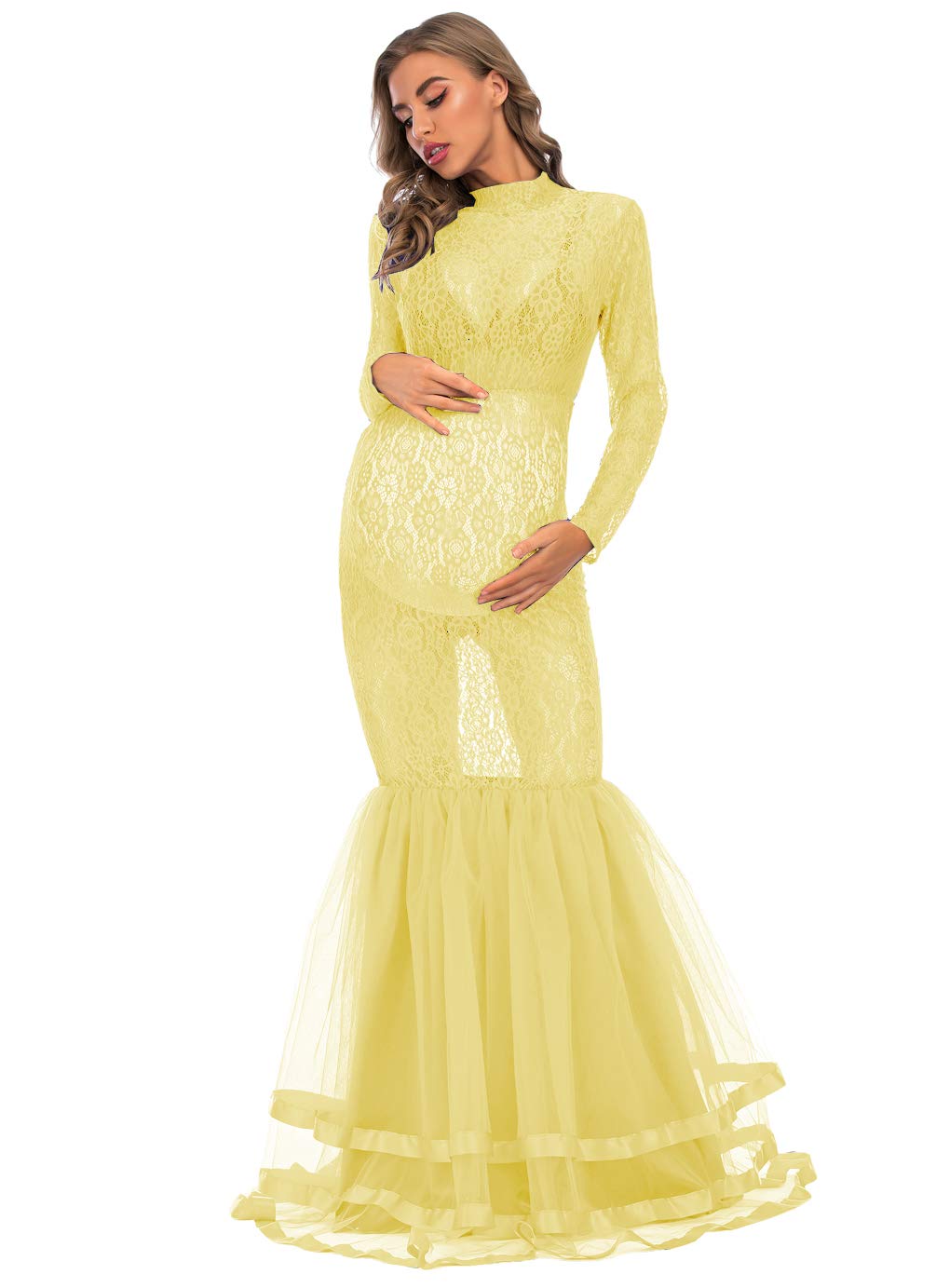 CFWSHJ Abito Premaman Elegante in Pizzo Trasparente per Servizio Fotografico Abito Maxi tutù in Tulle a Maniche Lunghe per Foto