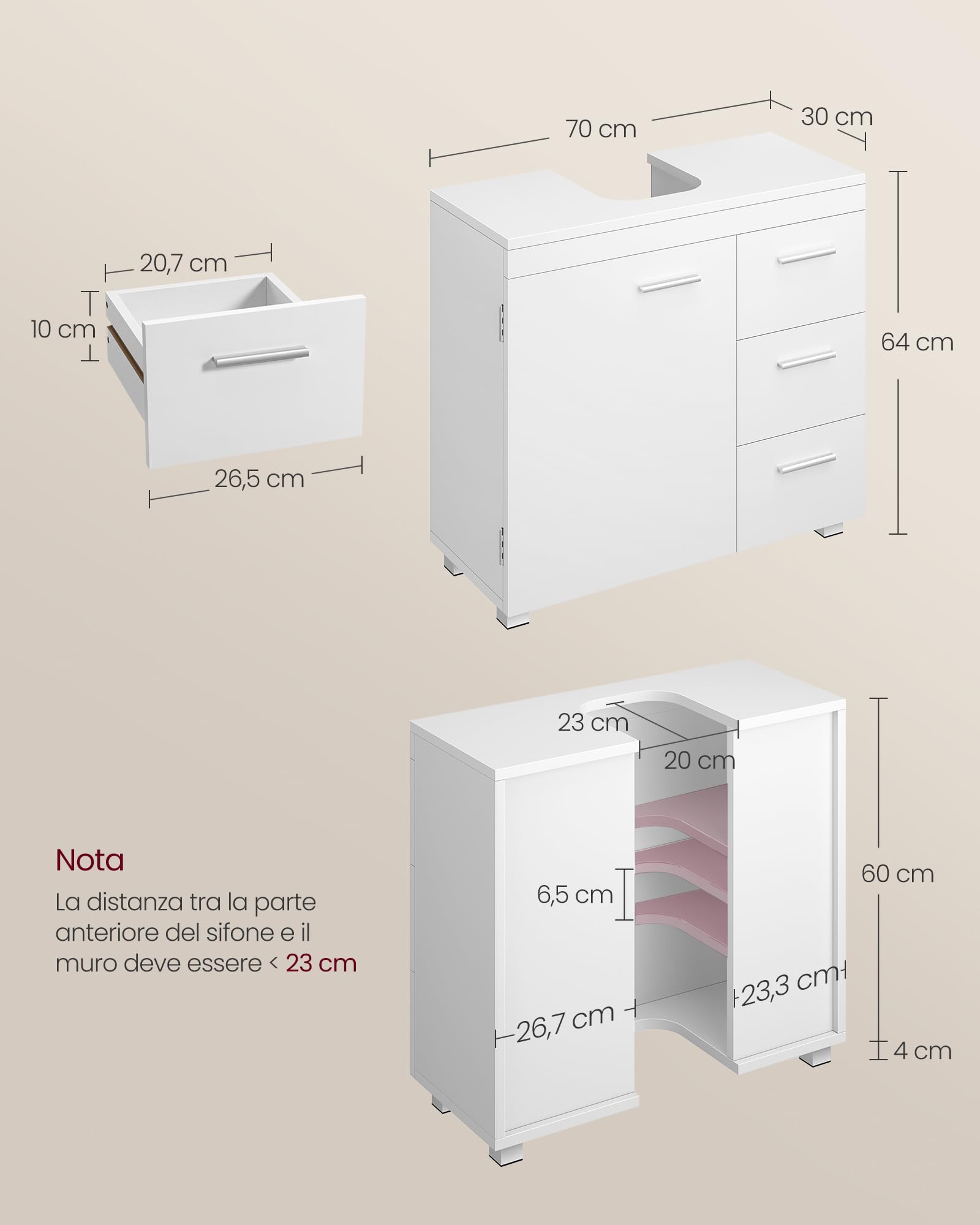 VASAGLE Mobile Sottolavabo per Bagno, Mobiletto da Bagno, 3 Cassetti Laterali, 2 Scomparti dietro l'Anta, per Lavabi con Colonna, con Piedini, 30 x 70 x 64 cm, Bianco Nuvola BBK504W01