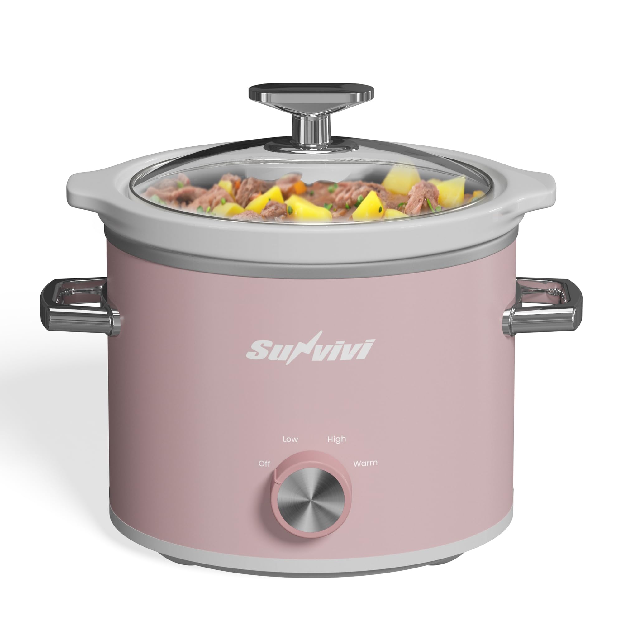 Sunvivi 2 Quart Slow Cooker, Small Slow Cooker with Removable Ceramic Pot, Food Warmer with 3 Heating Settings & Dishwasher Safe Glass Lid, Pink