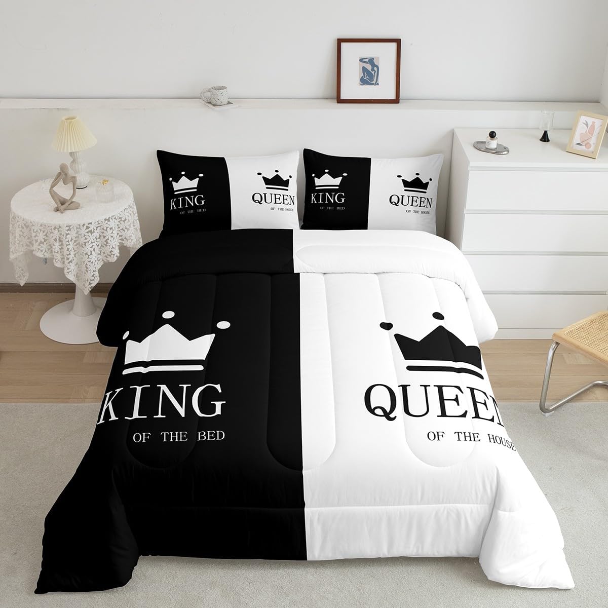Crown Queen and King Comforter His and Hers Matching Couple Bedding Set Lover Romantic Valentine’s Day Presents Comforter Set Black and White Duvet Set Room Decor Quilt Set Full Size