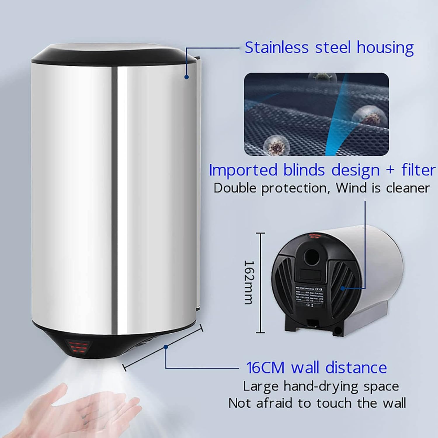 Hand Dryer, Commercial Hand Dryer, 32L/S Air Volume, Commercial Stainless Steel High-Speed Hand Dryer, Wall-Mounted