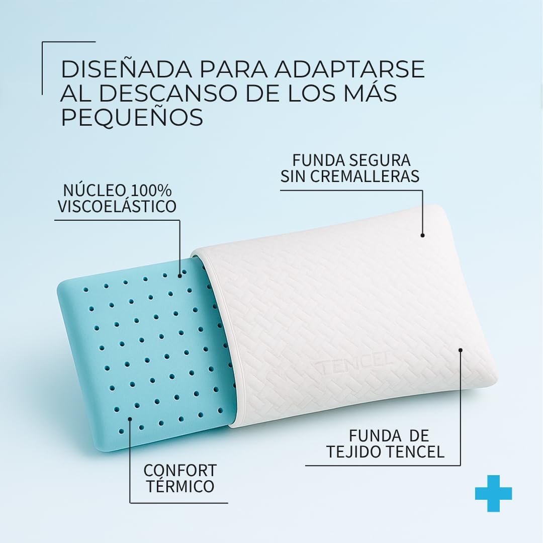 Almohada Infantil de 90 cm, Viscoelástica, Ergonómica, Hipoalergénica y Transpirable. Almohada Segura para Niños con Tejido Adaptado a su Edad. Sin Cremallera