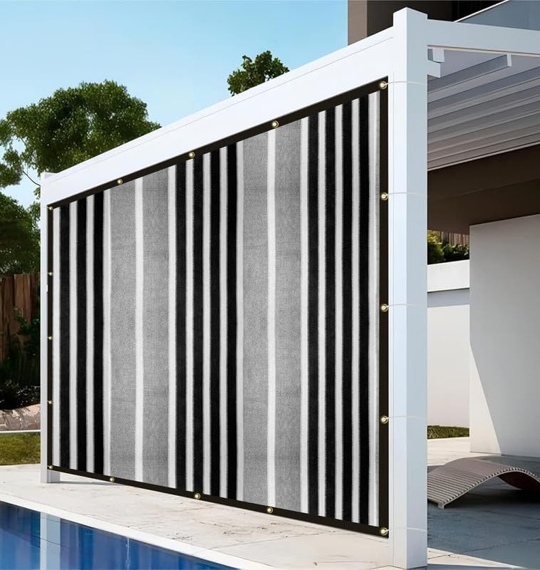HDPE Stripe Pattern Sun Shade Canopy with Polyester Webbing & Eyelet, 85-90% UV Protection,Windproof Breathable Privacy Screen for Balcony & Outdoor Area(BlackGreyWhite, 14x7 Ft) 1 Pc-image-42
