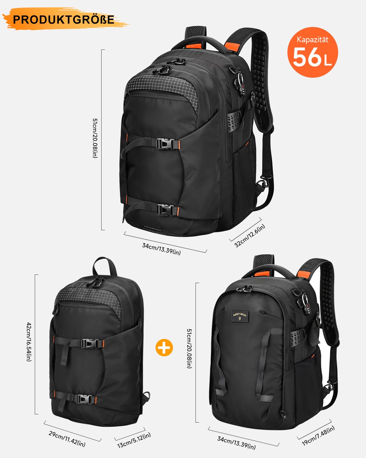 Rucksack herren Set Handgepäck Rucksack mit abnehmbarer Tasche, 2-in-1 rucksack handgepäck flugzeug mit 17 Zoll Laptopfach, verstellbare Gurte für Business & Urlaub Schwarz