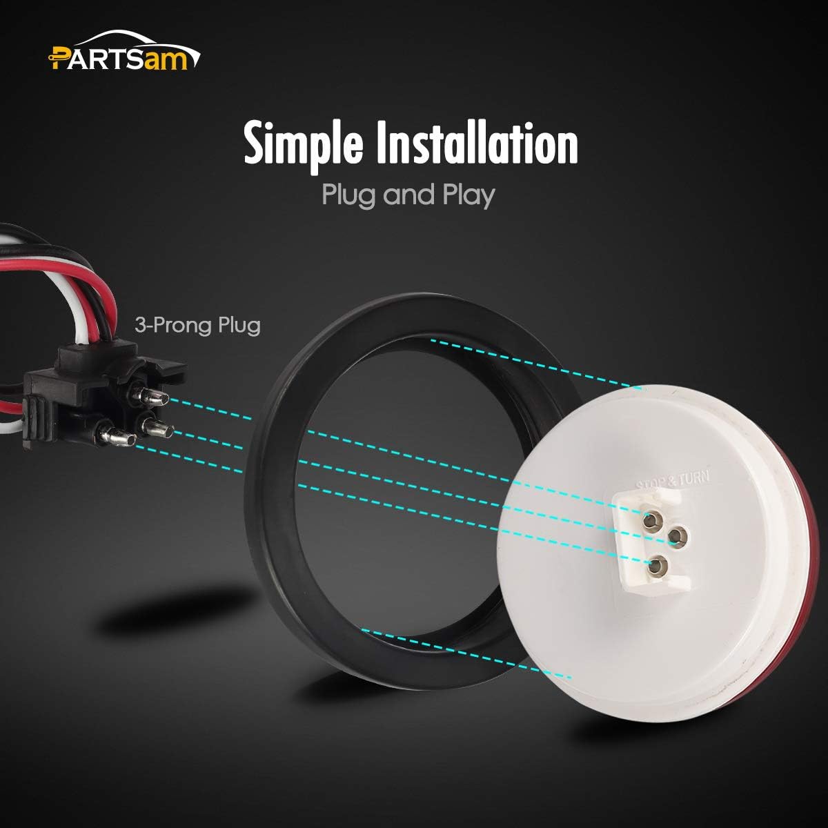 Partsam 10Pcs 4" Round Red White LED Trailer Tail Lights, 4 Inch Round Led Stop Turn Tail Lights Brake Reverse Trailer Lights for RV Trucks, Rubber Grommets and 3-Prong Wire Pigtails Included