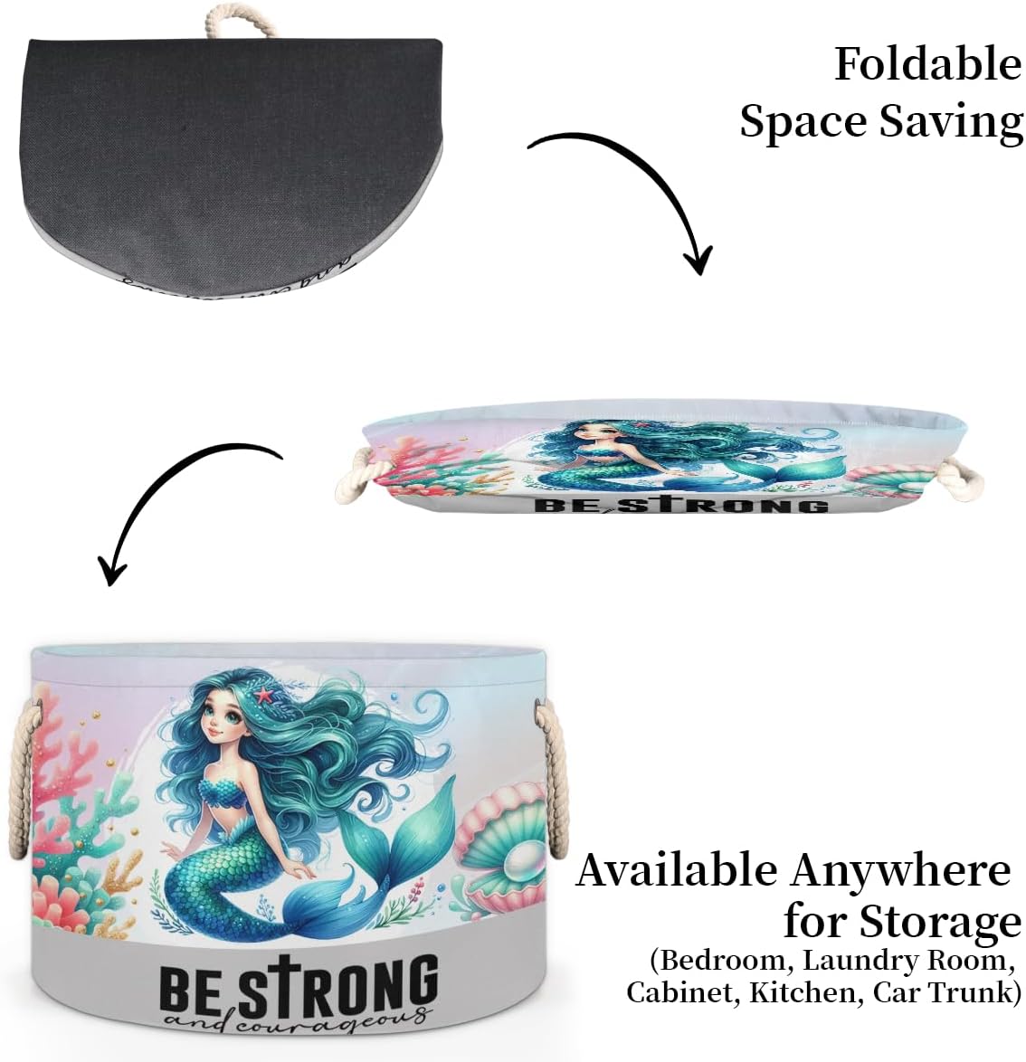 Large Round Laundry Basket Cute Mermaid Girls Toy Bins Organizers and Storage for Girls Canvas Collapsible Blanket Storage Basket Laundry Hamper Gift Baskets Bedroom Clothes Children Nursery