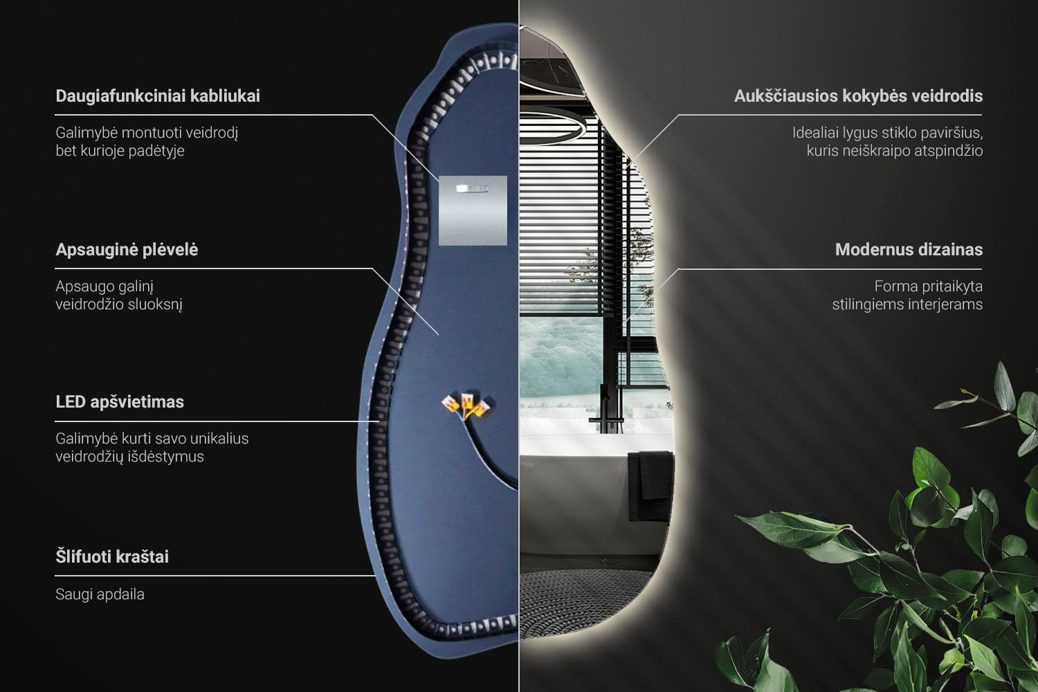 Specchio Irregolare con LED 50 x 100 cm da Parete, Forma Organica Moderna Senza Cornice con Luce Neutra, Specchio Arredo per Soggiorno e Ingresso
