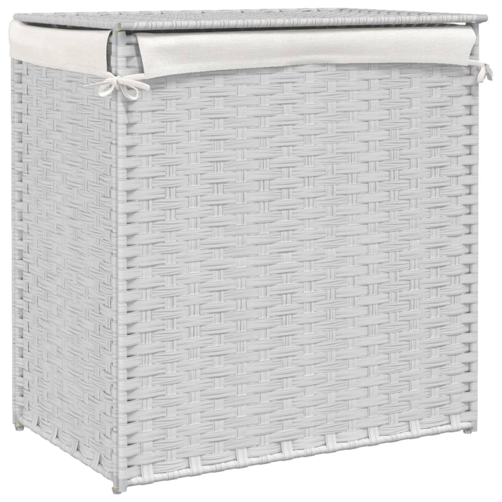 Mangloder - Cesto para la colada con 2 compartimentos, color blanco, 53 x 35 x 57 cm, polirratán, con tapa, asa y bolsa interior extraíble, plegable, para cuarto de baño, lavandería, ahorro de espacio