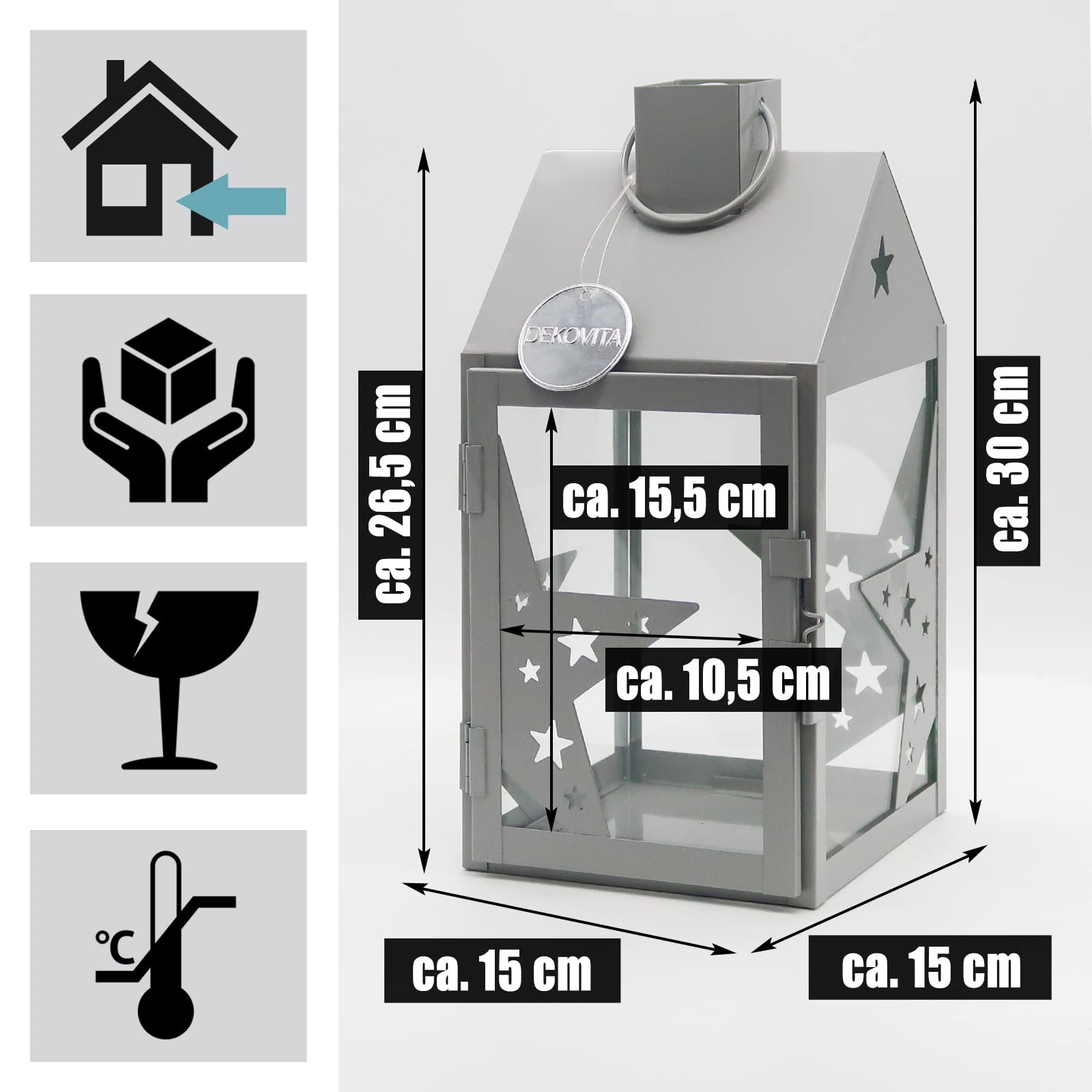 Dekovita 2er-Set Metall-Laterne 30cm/38cm - Gartenlaterne mit Glas-Scheiben - Windlicht Sterne Lichthaus