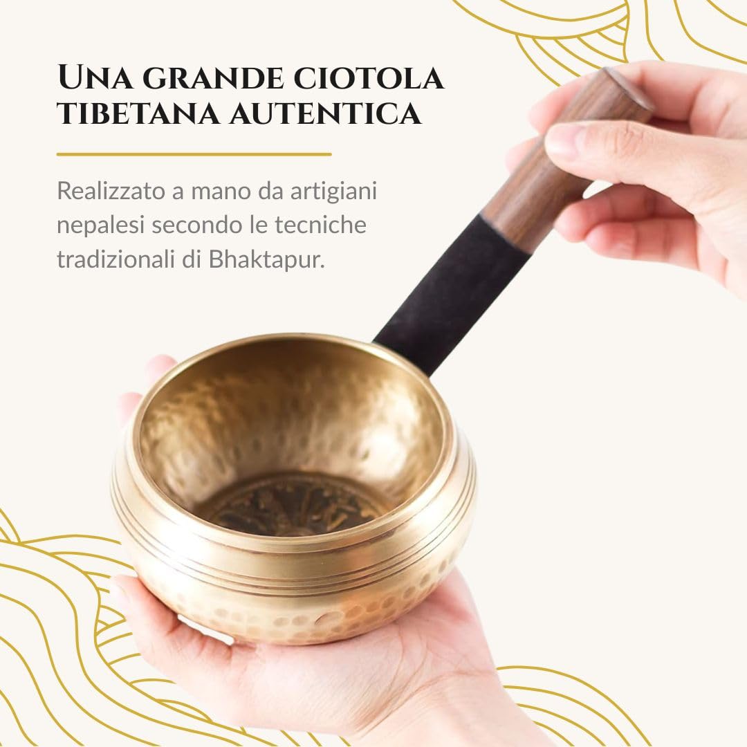 Campana tibetana meditazione 7 Metalli 450g 11.5cm fatta a mano Bhaktapur Nepal Cofanetto carta nepalese Cuscino Ciotola Bastoncino