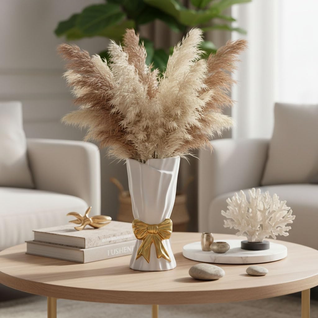 Ceramic Bow Vase,White Gold Coquette Girly Bouquet Vase Aesthetic, 9.4 in Tall Wide Mouth Floral Vases for Fresh/Dried/Faux Flowers,Cute Home Decor for Home Living Room Table Shelf,for Mom Women