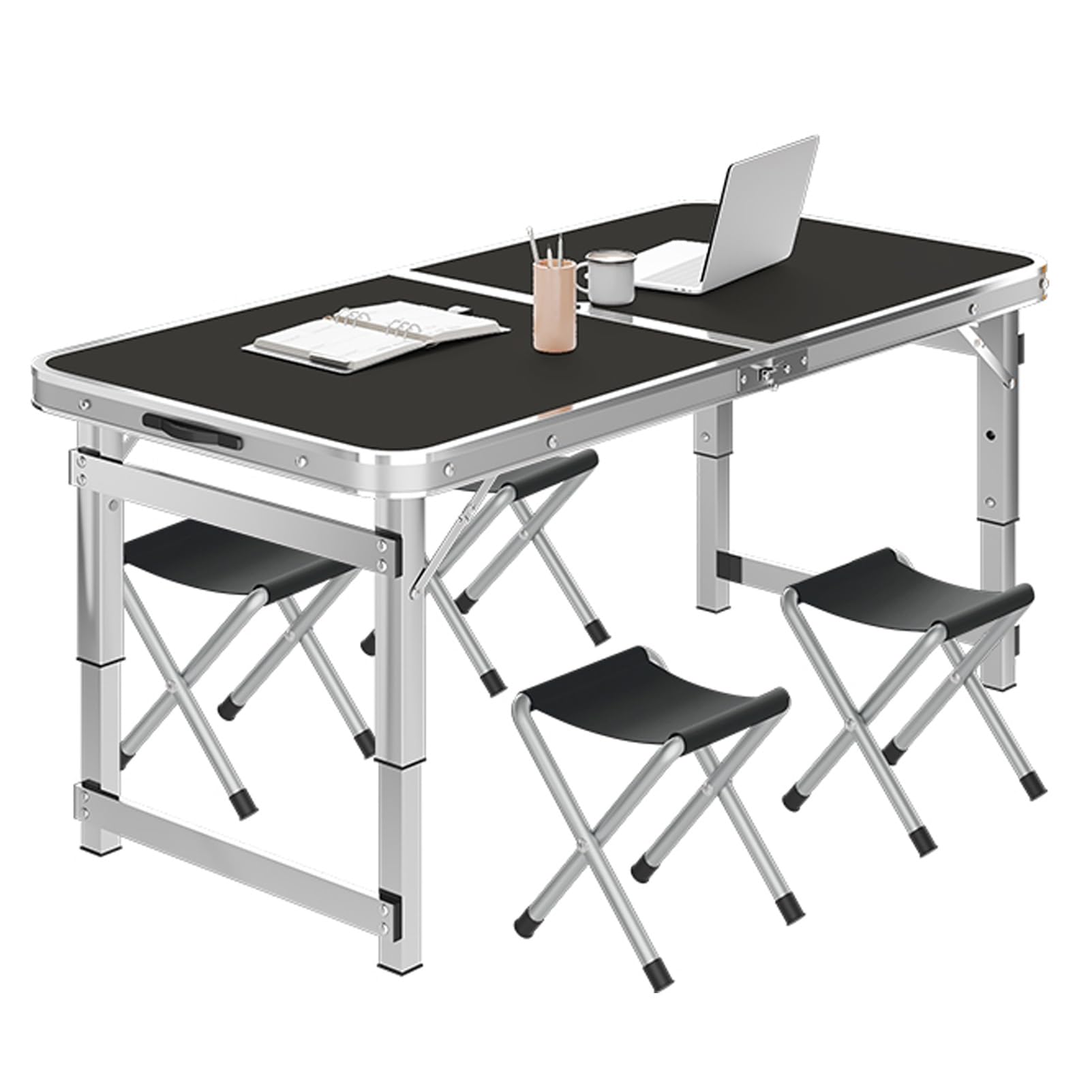 Tavolo da campeggio pieghevole portatile con 4 sgabelli regolabile in altezza tavolo da pranzo 150 kg capacità per viaggi, barbecue all'aperto, picnic, nero 120 cm