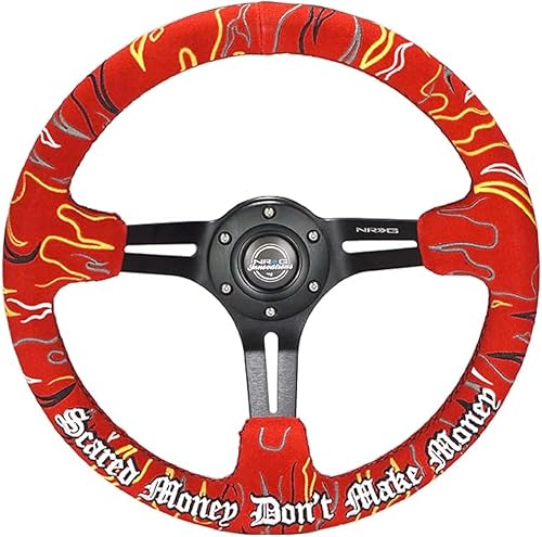 NRG Innovations NRG-RST-018MB-RLR Volante reforzado, 3" de profundidad, 0.197 in de radio negro con radios de ranura, Alcántara roja, costuras rojas