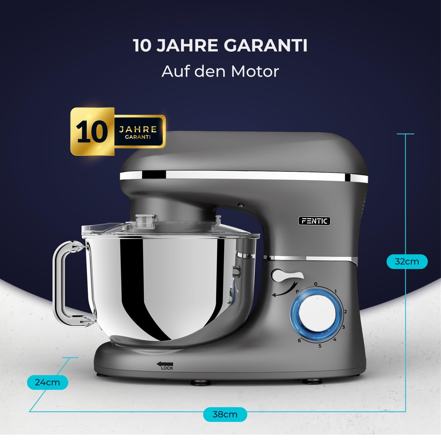 Küchenmaschine - 2000W - Edelstahl Rührschüssel (6,2 L) - Knetmaschine mit Rührhaken, Knethaken, Schlagbesen und Spritzschutz - Inkl. zusätzlichem Zubehör - Anthrazit