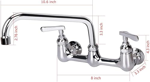 Miniatura 7 de KWODE Grifo de fregadero comercial con boquilla giratoria de 10 pulgadas, grifo de cocina de montaje en pared central de 8 pulgadas para fregaderos