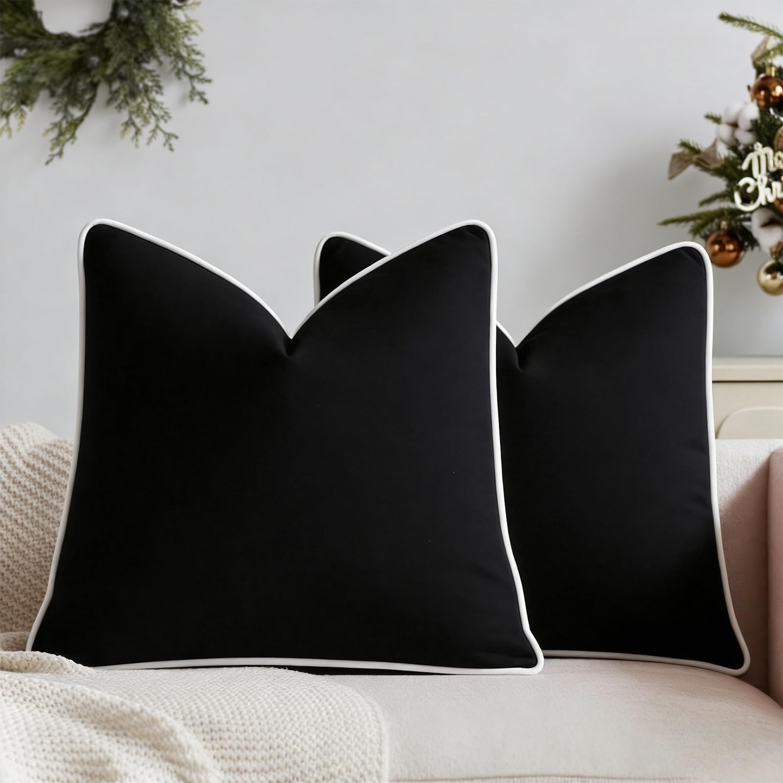 HOSTECCO Black Velvet Cushion Covers 50x50 cm with White Piping Edge, Set of 2 Luxury Soft Throw Cushion Cases, Elegant Decorative Square Pillow Covers for Couch Sofa Bedroom Living Room