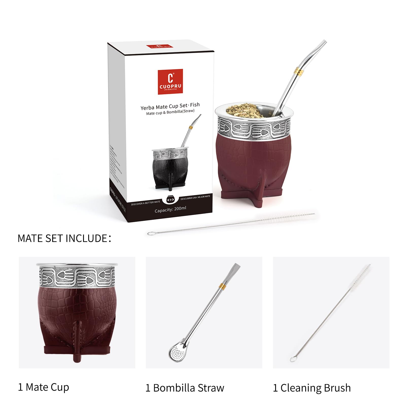 Cuopru Imperial Mate - Juego de calabaza con bombilla, taza de té de yerba mate, pajita mate y un cepillo de limpieza incluido, Guarda Rupestre - Estilo pescado (marrón)